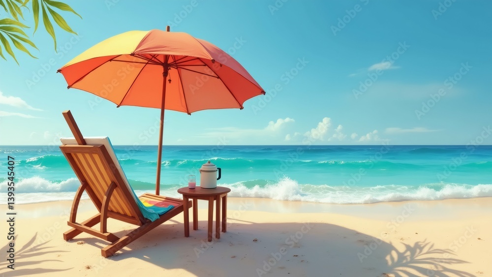 Fototapeta premium beautiful beach scene bright orange umbrella wooden deck chair sand umbrella open chair facing towards ocean ocean beautiful turquoise color small waves crashing onto shore sky blue white clouds palm