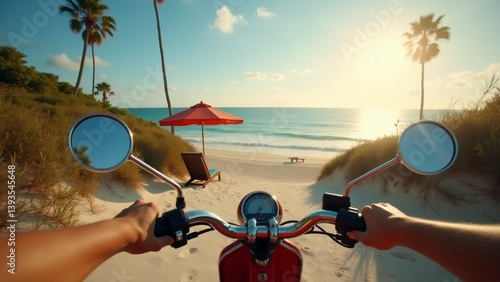 person hands handlebars red scooter view ocean background scooter parked sandy beach palm trees either side sky blue few clouds sun shining brightly creating warm glow over scene distance red