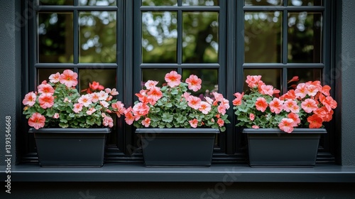 Window boxes pink flowers in black containers sit in a window frame