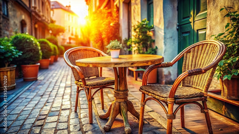 Obraz premium Vintage Street Cafe Charming Shabby Chic Table and Wicker Chairs A Timeless Escape