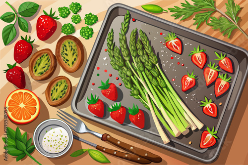 vector of Thyme, peppercorns, asparagus stalks and fresh strawberries on rustic baking sheet