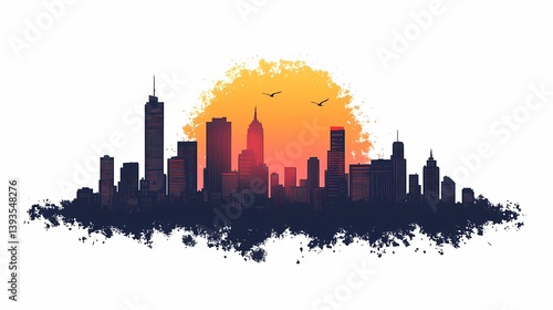 Beautiful Dusk Cityscape: Vibrant Sunset Silhouette Skyline with Modern Architecture