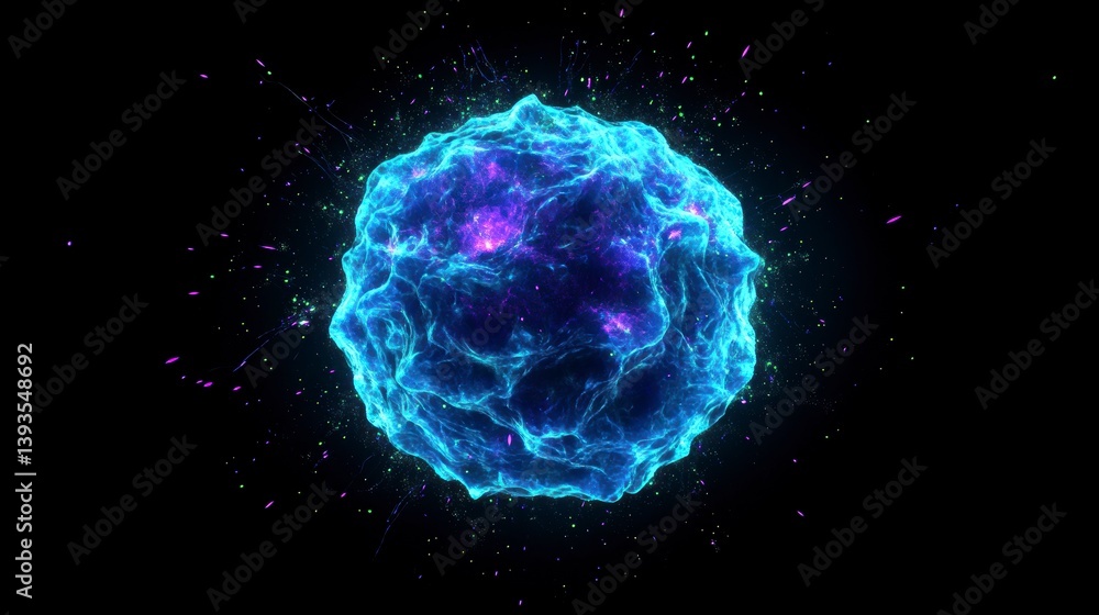 Glowing blue sphere with purple highlights and particles on black background. Glowing blue sphere with purple highlights and particles on black background.