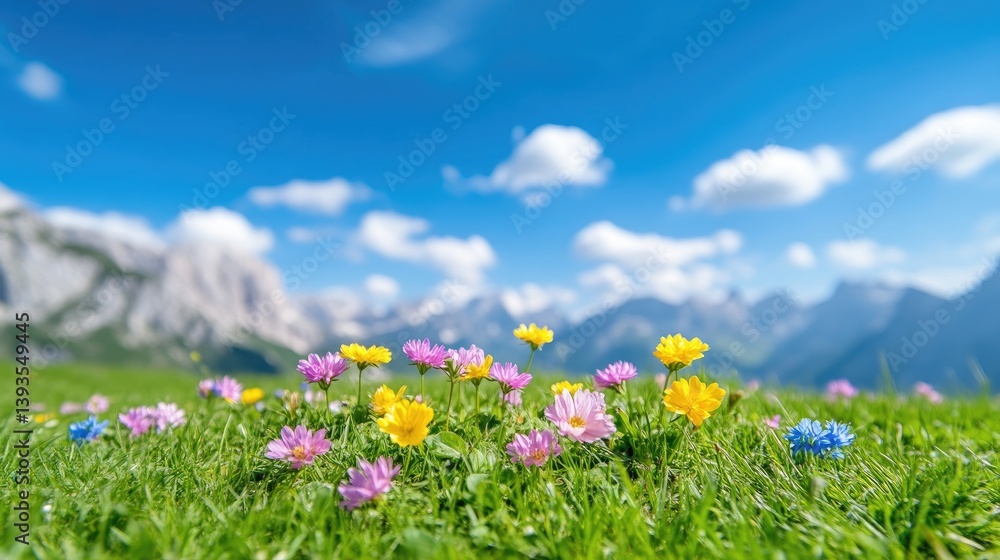 Obraz premium Alpine Wildflowers Meadow Flowers Vibrant Spring Style High-resolution Vivid Close-up Ground Level Blooming Pasture Mountainous Landscape Bright Sunny Hues Ideal for Nature Calendars