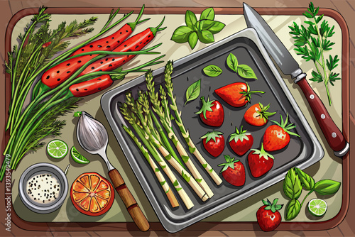 vector of Thyme, peppercorns, asparagus stalks and fresh strawberries on rustic baking sheet