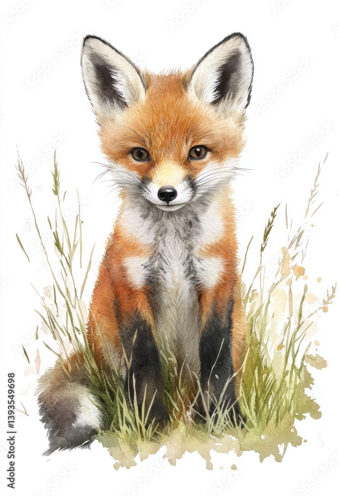 Fototapeta premium An Adorable Watercolor Illustration of a Sitting Fox