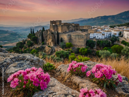 Pink flowers blooming in front of ancient stones in Ronda, Spain.