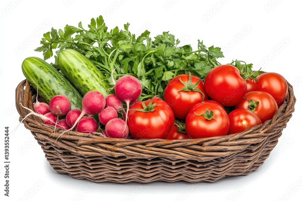 Fresh vegetables in a rustic basket ready for culinary enjoyment Fresh vegetables in a rustic basket ready for culinary enjoyment