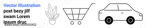 Potted plant, shopping cart, and sedan highlighting shopping, transportation, and eco-friendly living. Ideal for retail, e-commerce, sustainability, mobility advertising lifestyle flat landing