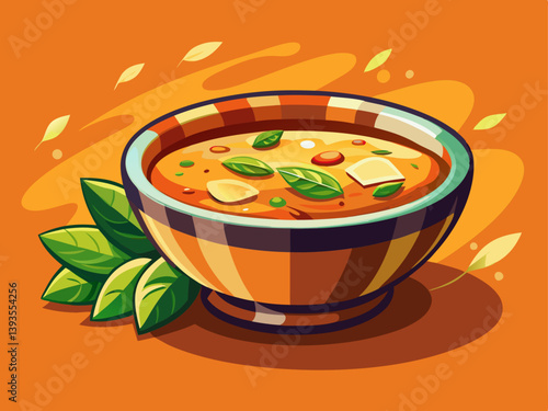 A professional vector of a deep ceramic soup bowl, placed on a solid warm orange background