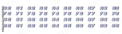 a collection of numbers 1 to 50 in purple racing style with black halftones on a white background