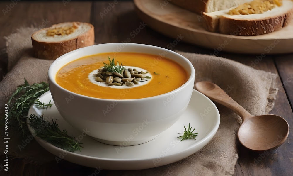 Pumpkin soup with cream and seeds in rustic bowl on wooden table Pumpkin soup with cream and seeds in rustic bowl on wooden table