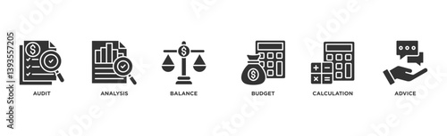 Accounting banner web icon illustration concept for business and finance with an icon of the audit, analysis, balance, budget, calculation, and advice