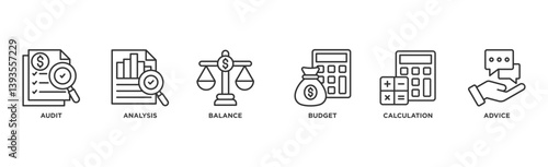 Accounting banner web icon illustration concept for business and finance with an icon of the audit, analysis, balance, budget, calculation, and advice