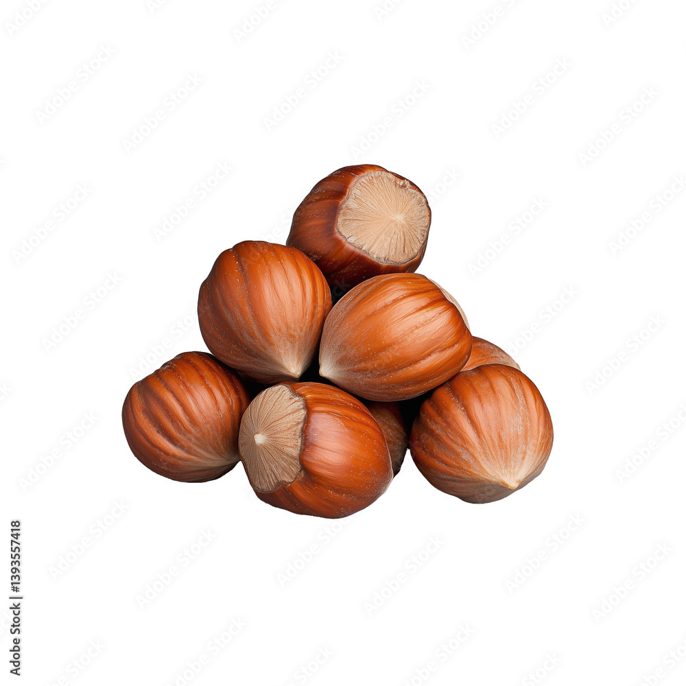 Cluster of hazelnuts with brown shells on transparent background Cluster of hazelnuts with brown shells on transparent background