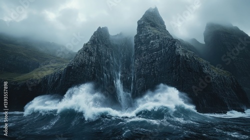 Dramatic Coastal Cliffs, Powerful Waves Crashing Against Rugged Rocks, Misty Atmosphere, Moody Seascape