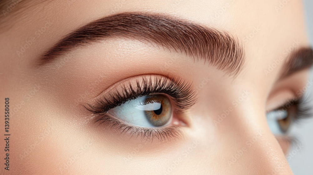 Fototapeta premium Stunning Close-up of a Woman's Eye with Perfectly Shaped Eyebrows and Long Eyelashes, Highlighting Beauty and Makeup Artistry.