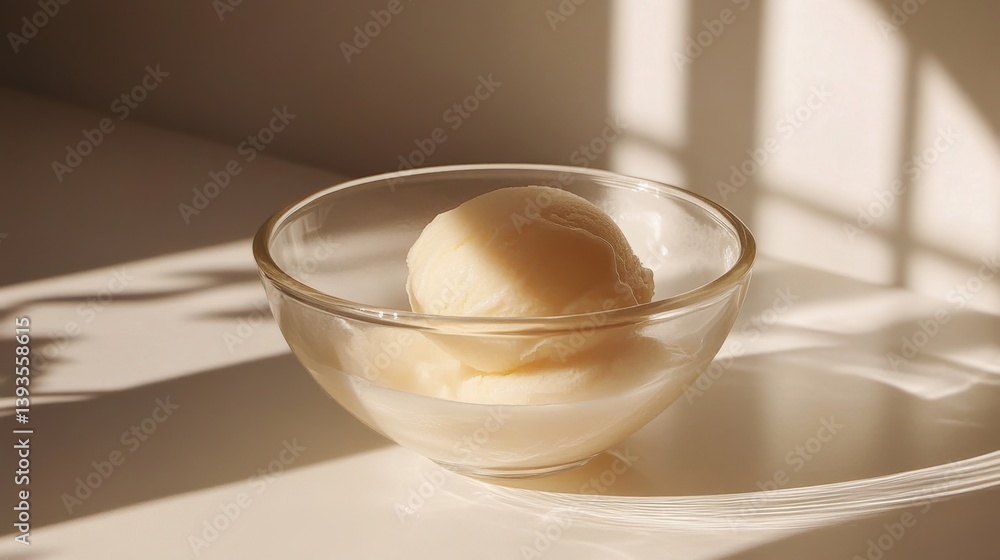 A scoop of creamy vanilla ice cream sits in a clear glass bowl, bathed in warm, soft light and casting delicate shadows A scoop of creamy vanilla ice cream sits in a clear glass bowl, bathed in warm, soft light and casting delicate shadows
