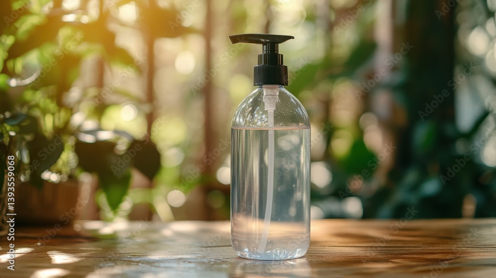 Clear hand sanitizer bottle stands on a rustic wooden surface, bathed in soft, natural light with a blurred green background Clear hand sanitizer bottle stands on a rustic wooden surface, bathed in soft, natural light with a blurred green background