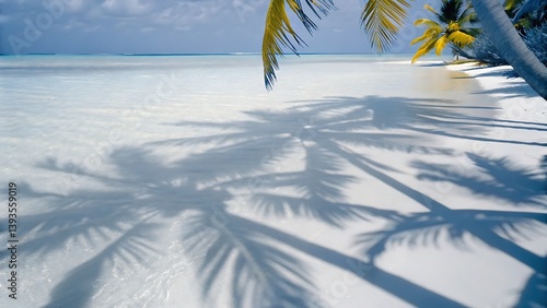 Fototapeta Naklejka Na Ścianę i Meble -  Palm tree shadows cast on white sand beach with ocean and sky in the background on a sunny day
