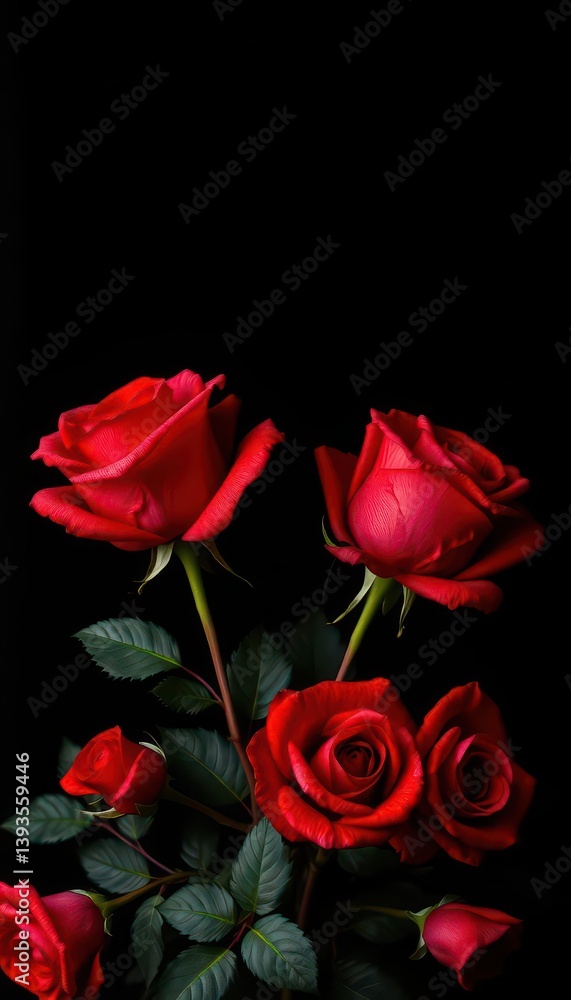 Fototapeta premium Crimson roses against a deep black backdrop; vintage aesthetic, ample negative space, romantic, photography