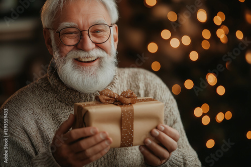 Elderly man smiling while unwrapping gift in cozy holiday light