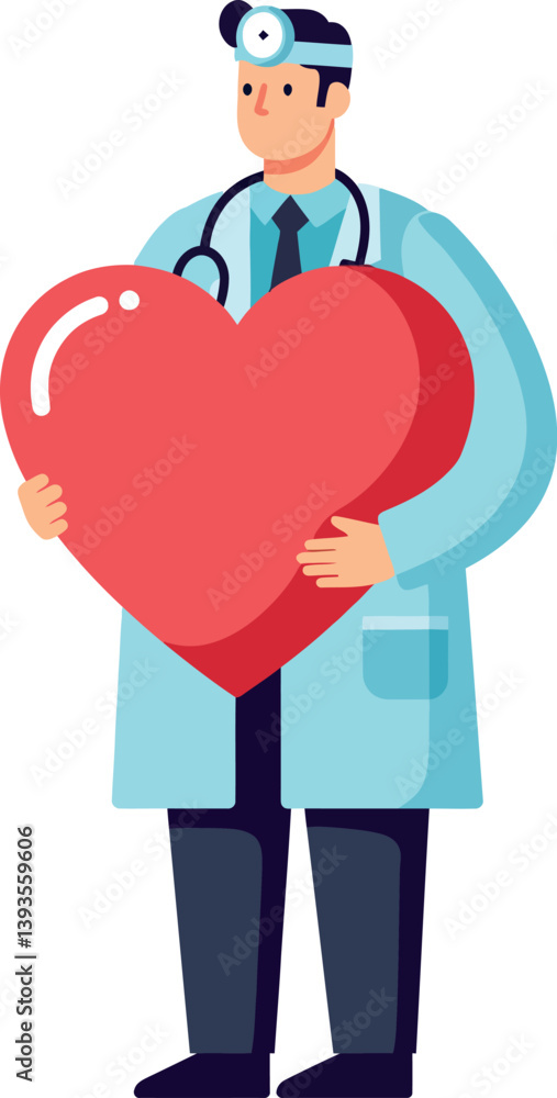 Obraz premium A caring doctor in a white coat holding a large red heart, flat vector illustration