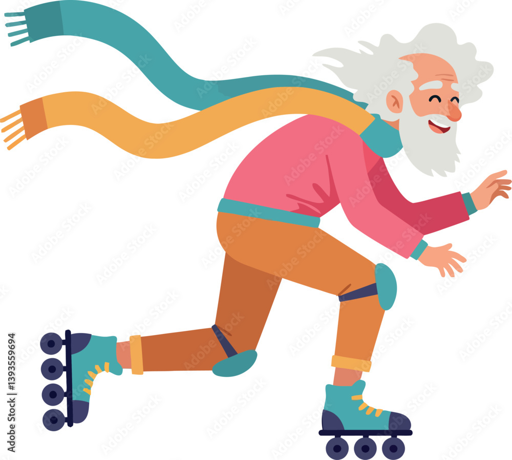 Obraz premium Elderly man joyfully roller skating in a vibrant flat vector illustration