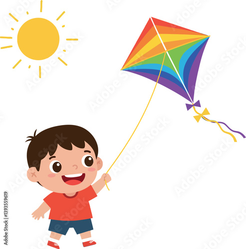 Happy child flying a colorful rainbow kite under a bright sun in flat vector art