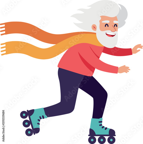 Elderly man roller skating with a joyful expression in a flat vector illustration