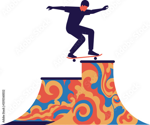 Skateboarder performing a trick on a colorful ramp in flat vector art