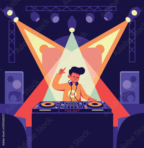 DJ performing on stage with colorful lights in a lively atmosphere, flat vector illustration