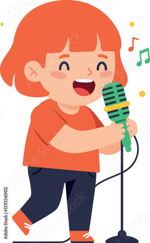Happy child singing joyfully into a green microphone in a flat vector illustration