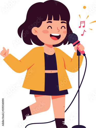 A cheerful girl singing passionately into a microphone in a flat vector illustration