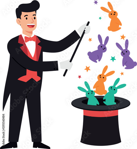 A magician in a tuxedo performing a whimsical magic trick with colorful rabbits in flat vector art