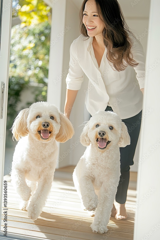 Two white dogs greeting woman at the door
Two white dogs greeting woman at the door