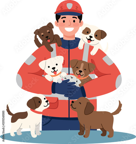 A smiling rescuer in a red jacket surrounded by playful puppies in flat vector art