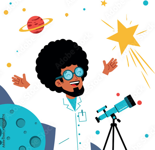 Excited astronomer with telescope observing stars and planets in colorful, flat vector art