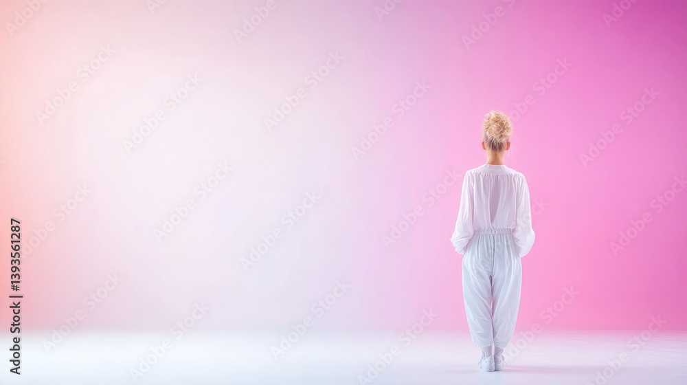 A woman standing with back turned in minimalist white outfit, set against a gradient pink and purple background, and serene and modern composition. A woman standing with back turned in minimalist white outfit, set against a gradient pink and purple background, and serene and modern composition.