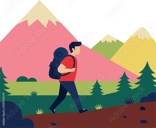Hiking man with backpack on a scenic trail surrounded by colorful mountains in flat vector art