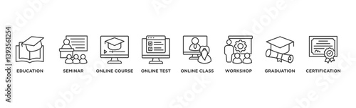 Online training banner web icon illustration concept with icon of education, seminar, online course, online test, online class, workshop, graduation, certification