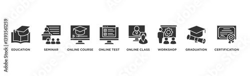 Online training banner web icon illustration concept with icon of education, seminar, online course, online test, online class, workshop, graduation, certification