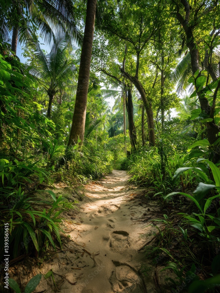 Obraz premium Footprints on dirt path in tropical forest surrounded by lush greenery and tall trees.