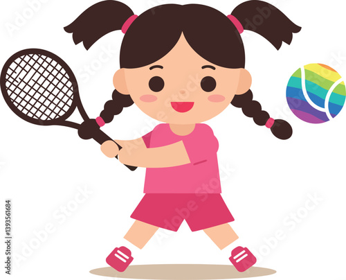 A cheerful girl playing tennis with a racket and colorful ball in a flat vector illustration