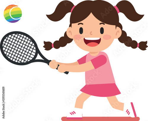 Cheerful girl playing tennis with a colorful ball in a flat vector illustration