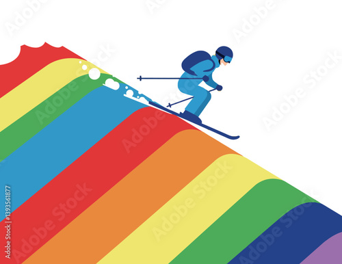 A skier gliding down a vibrant rainbow slope in a flat vector illustration