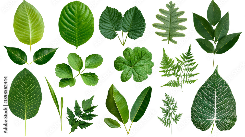 Fototapeta premium Diverse green leaf assortment on black background, cut out transparent