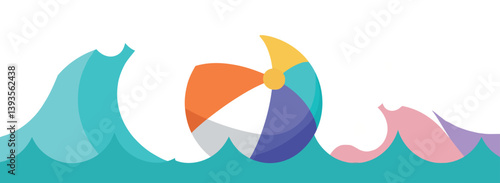 Colorful beach ball bouncing in turquoise waves with a minimal flat design vector art