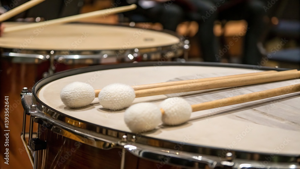 Obraz premium Close up of timpani drums with mallets resting on the surface in a musical performance setting