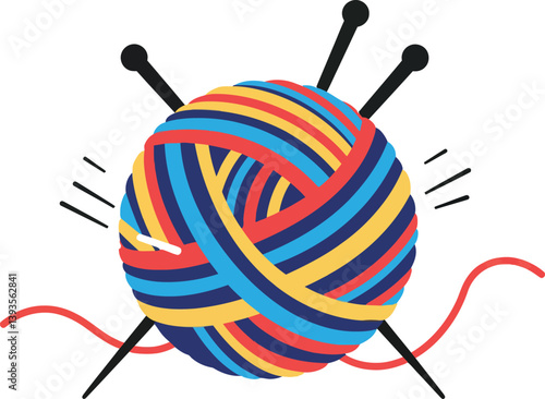 Colorful yarn ball with knitting needles in flat vector art style
